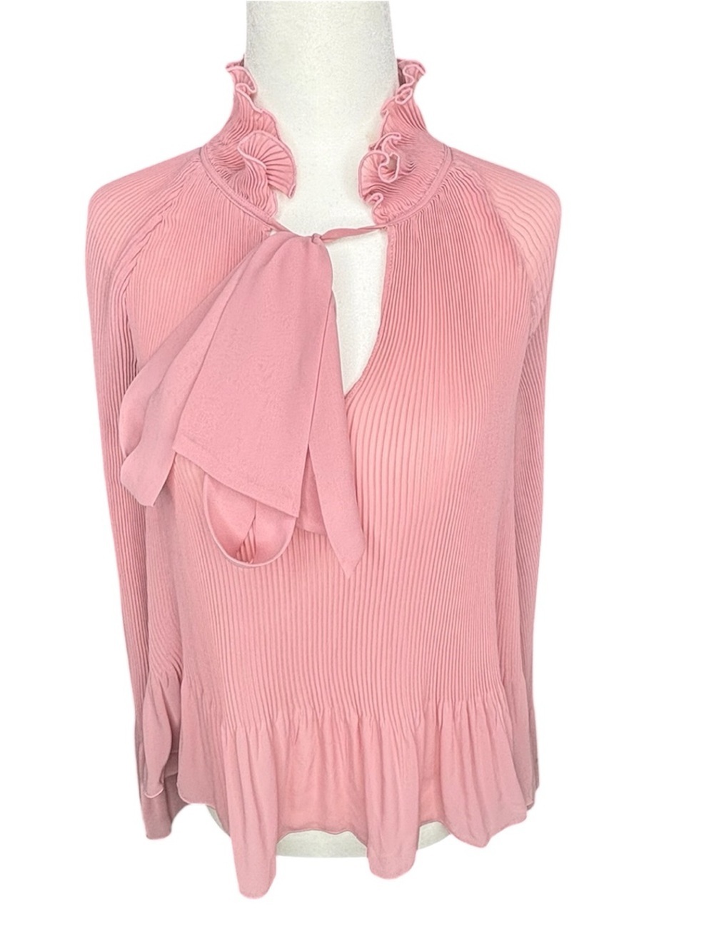 Derek Lam Dusty Pink Pleated Stretchy Ruffle Tie-Neck Pleated Blouse